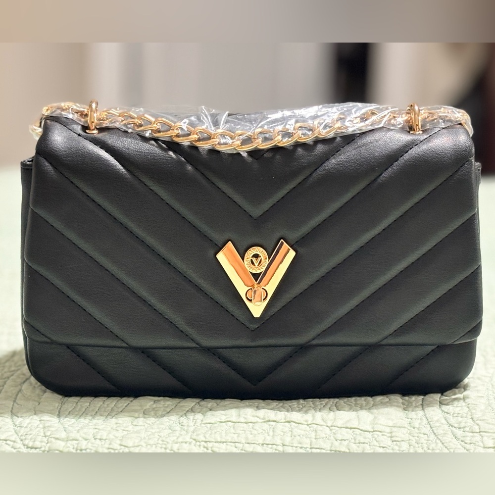 NWT Valentino Orlandi Vegan Leather Shoulder BagChevron Quilted Gold Chain
